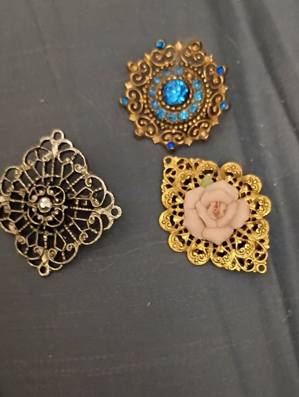 Set of 3 Vintage-Inspired Gold Filigree Brooches with Blue and Blush Accents